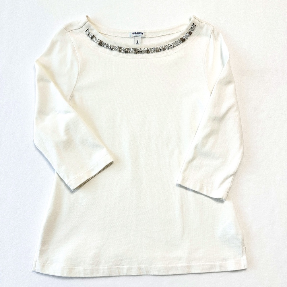 Old Navy White Embellished Scoop Neck Sweater Size Medium